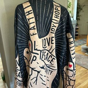 Graphic Peace & Love Baseball Jacket in navy and Cream